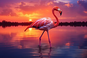 Beautiful pink flamingo in lake with reflection on beautiful sunset background. Generative AI