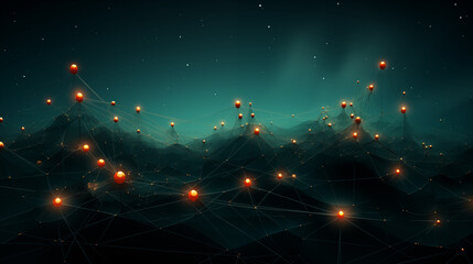 Orange neon points lights on dark background. Illustration of a network of lights connected into a web. Data transfer and integration into one network. 