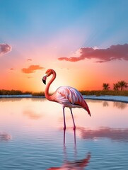 Fototapeta premium Beautiful pink flamingo in lake with reflection on beautiful sunset background. Generative AI