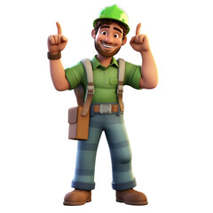 Character man builder in a green helmet, with smile, in construction overalls green color in character poses in children's book illustration style, render Cinema 3D illustration on white background. 