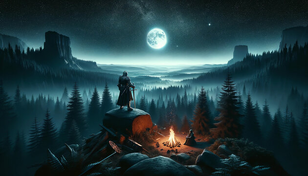 Caballero descansando en una hoguera