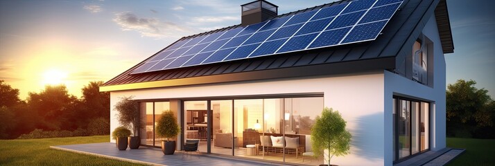 Installed solar panels on the roof of a house, renewable energy, energy saving, Generative AI - obrazy, fototapety, plakaty