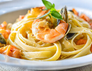 Italian pasta dish with seafood - obrazy, fototapety, plakaty