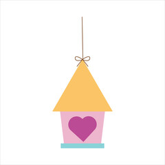 Pink bird house with heart shape window, cute illustration in cartoon flat style. Spring concept