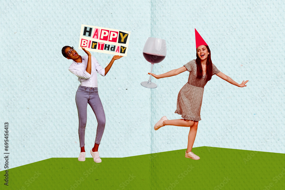 Canvas Prints Photo image collage happy birthday celebrating event greeting postcard two girls having fun drink alcohol wine beverage festive mood