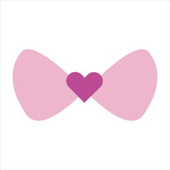 bow, tie with pink heart isolated on white background. Vector flat