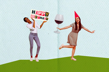 Photo image collage happy birthday celebrating event greeting postcard two girls having fun drink...