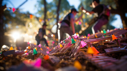 Teams navigating obstacle course with action-inspired bokeh