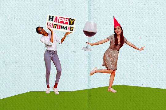 Photo image collage happy birthday celebrating event greeting postcard two girls having fun drink alcohol wine beverage festive mood