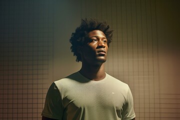 Obraz premium Portrait of a content afro-american man in his 30s sporting a breathable mesh jersey against a bare monochromatic room. AI Generation