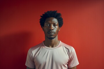 Fototapeta na wymiar Portrait of a content afro-american man in his 30s sporting a breathable mesh jersey against a bare monochromatic room. AI Generation