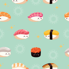 Seamless cute sushi pattern background