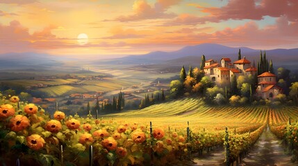 Fototapeta na wymiar Panoramic view of Tuscany with sunflowers at sunset