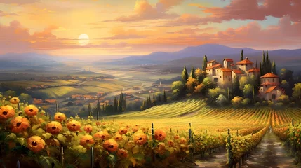 Zelfklevend Fotobehang Panoramic view of Tuscany with sunflowers at sunset © Iman