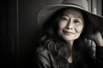 Portrait of a cheerful asian woman in her 60s wearing a rugged cowboy hat against a bare monochromatic room. AI Generation