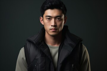 Obraz premium Portrait of a tender asian man in his 20s dressed in a water-resistant gilet against a bare monochromatic room. AI Generation