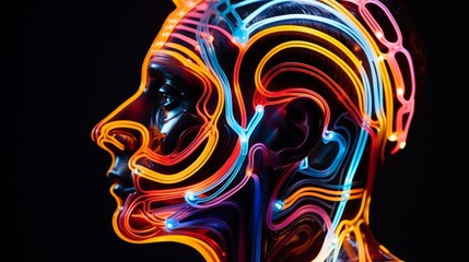 The face of a young woman in vivid neon lamps and neon light.