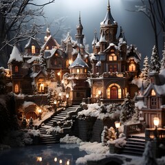 Fototapeta na wymiar Winter wonderland. Christmas scene with fairy-tale castle in the snow.
