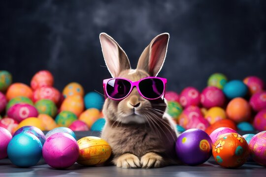 Easter bunny rabbit in cool sunglasses wit colorful easter eggs .Easter egg hunt concept. bunny easter with sunglasses and eggs in hipster style. Cool Easter bunny wearing sunglasses