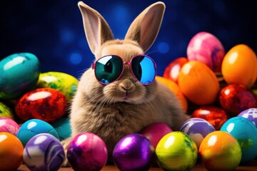 Easter bunny rabbit in cool sunglasses wit colorful easter eggs .Easter egg hunt concept. bunny...