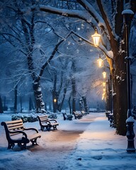 Fototapeta na wymiar Snowy winter city park with benches and street lamps. Beautiful winter landscape.