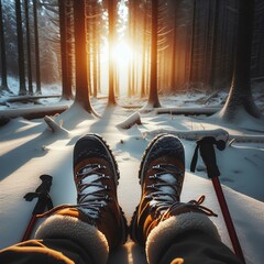 Shoes of a hiker in the snow with hiking sticks, forest, winter, sunset.