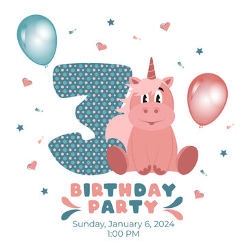Birthday party invitation with baby unicorn