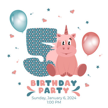 Birthday party invitation with baby unicorn