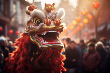 Fototapeta premium Chinese new year. A Chinese dragon dances in the streets 