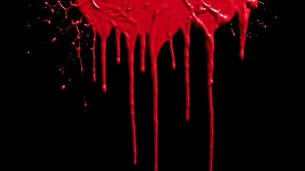 Red paint splash on black background. Blood Splatter. Splash and drops of red liquid.