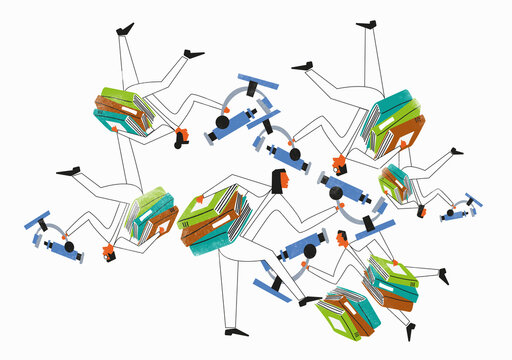 Scientists in circle connected by microscopes