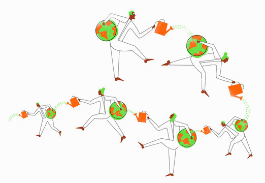 People in row watering globe