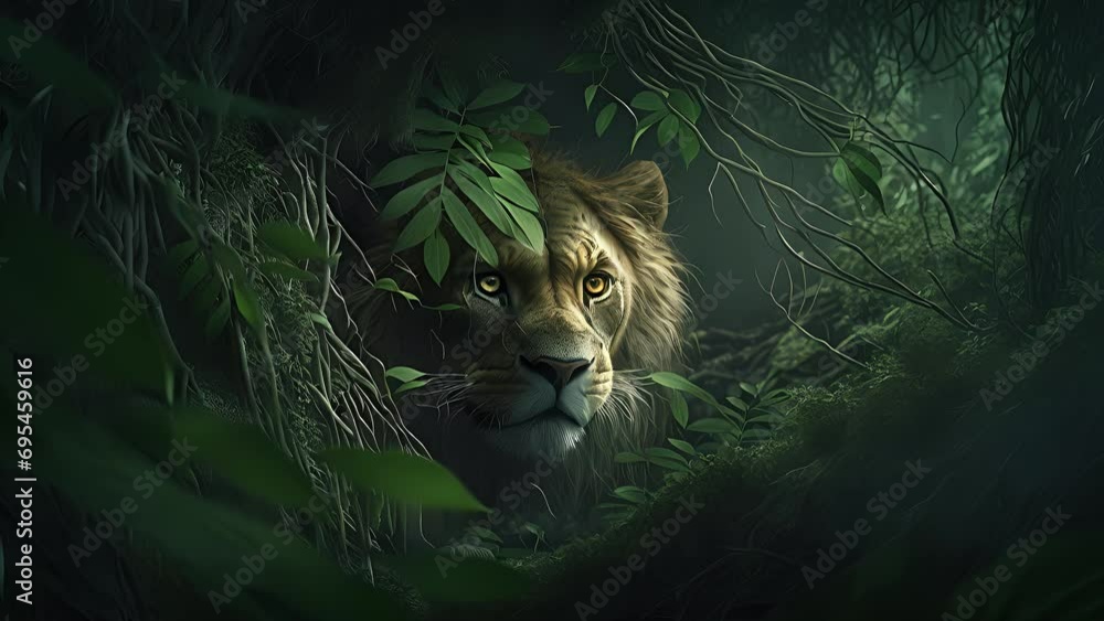 Wall mural hidden lion in the forest. created with generative ai.