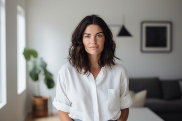 Portrait of a content woman in her 30s wearing a simple cotton shirt against a crisp minimalistic living room. AI Generation
