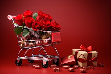 Shopping trolley with gift boxes, roses, chocolate on red background