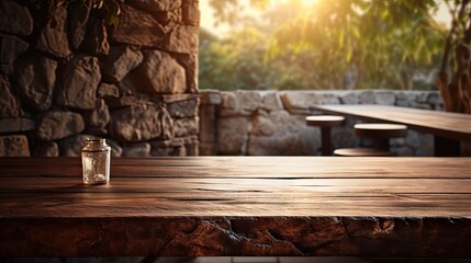 Blurred Sunrise on the Mountain Background, Wooden board For product display, empty wooden table surface with greece view, castle view