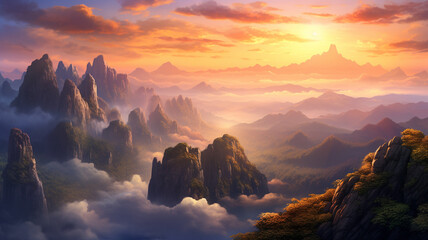 A fantastic dreamy sunrise on the pinnacle of a rocky mountain, with the sun painting the sky in warm colors and casting a magical glow over a misty valley, 