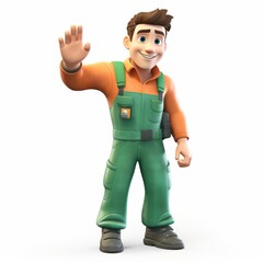 Character man builder in with smile, in construction overalls green color in character poses in children's book illustration style, render Cinema 3D illustration on white background. 