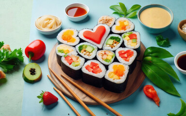 Heart shaped Valentine day sushi set. Classic sushi rolls, philadelphia, maki set for two, with two pairs of chopsticks for Valentine's dating dinner