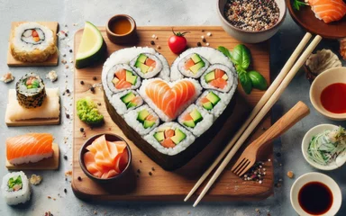  Heart shaped Valentine day sushi set. Classic sushi rolls, philadelphia, maki set for two, with two pairs of chopsticks for Valentine's dating dinner © Ruslan Gilmanshin