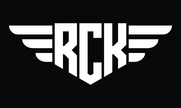 RCK three letter logo, creative wings shape logo design vector template. letter mark, wordmark, monogram symbol on black & white.	