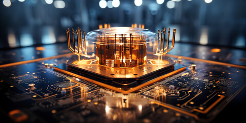 Quantum chip, part of quantum computer. How quantum technology may look-like. Technology and science concept image