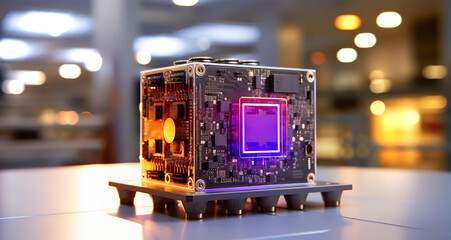 Quantum chip, part of quantum computer. How quantum technology may look-like. Technology and science concept image - obrazy, fototapety, plakaty