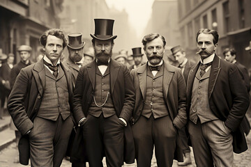 Rich English men walking on street, 1880th fashion, vintage photo - obrazy, fototapety, plakaty