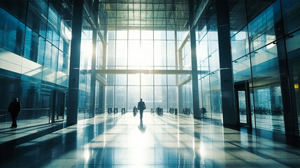 Business people silhouettes are walking in glass office lobby against of sun rice light - obrazy, fototapety, plakaty