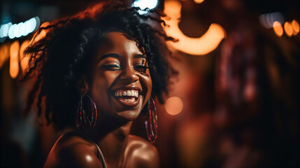 Portrait of young beautiful  black woman laughing on city street at night. Neon lights and glass reflection. - Powered by Adobe