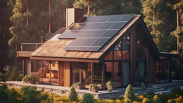 Modern house with solar panels on the roof on a mountain. Created with generative AI.	
