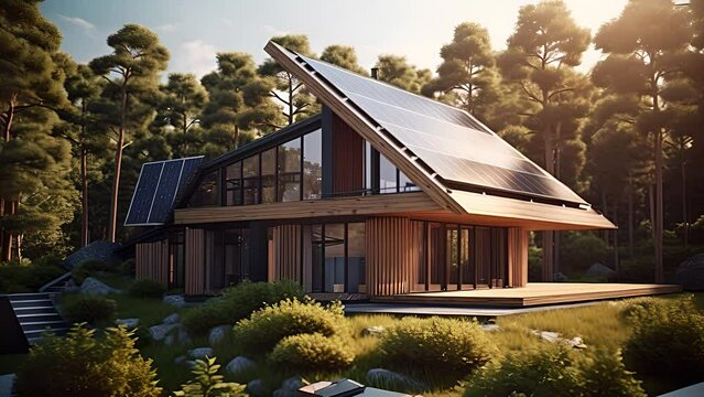 Modern house with solar panels on the roof on a mountain. Created with generative AI.	
