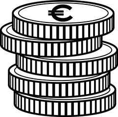 Stack of Euro Coins for Coloring Page. Vector Illustration of Money. Business and Finance. Earnings and Income Concept - obrazy, fototapety, plakaty