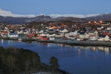 Evening lights in Brønnøysund city, Helgeland, Norway